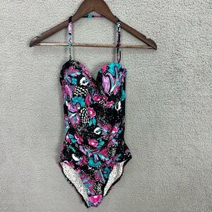 Anne‎ Cole One Piece Black Floral Halter Ruched Swimsuit Size 10 Resort Beach